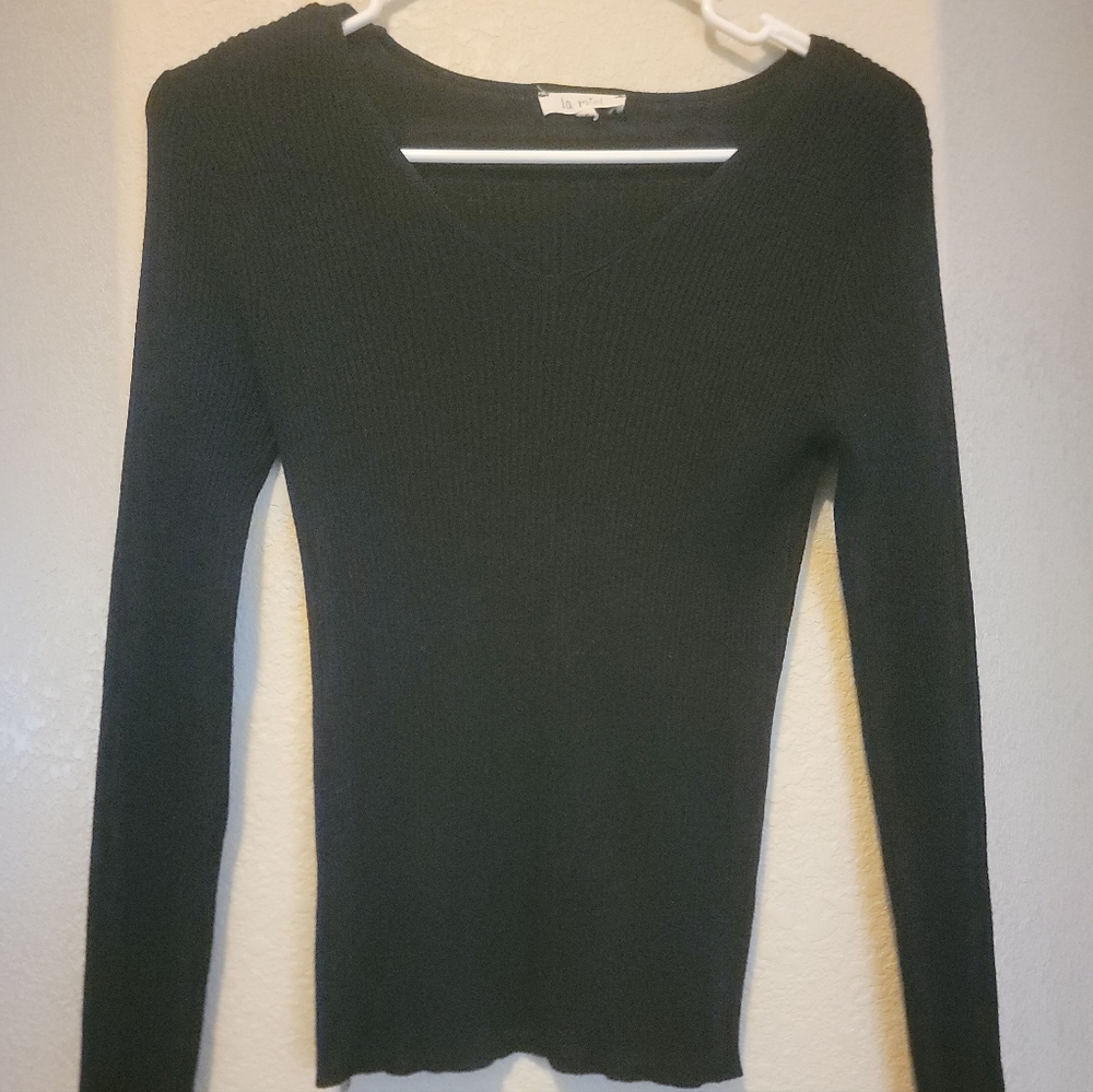 La Miel V Neck Pullover Sweater Womens Small Black Long Sleeve Shirt Top Blouse‎